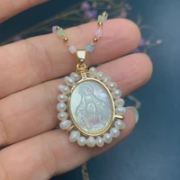 holy virgin mary necklace for women jewelry stone chain natural freshwater pearl beads mop shell religion medal pendant necklace