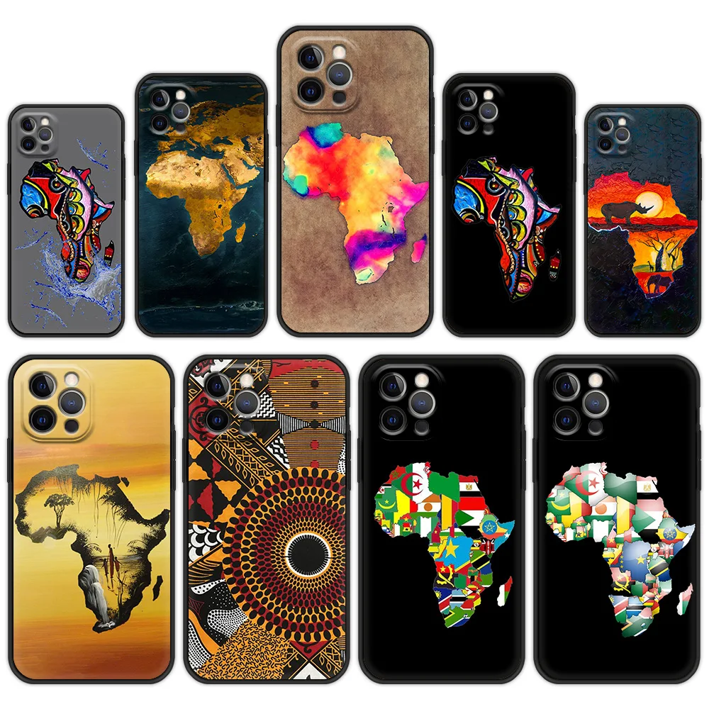 

Phone Case For iPhone 13 12 11 Pro MAX XR X SE XS 7 8 Plus Luxury iPhone13 Capa Soft Silicone Cover Africa Map Geography Painted