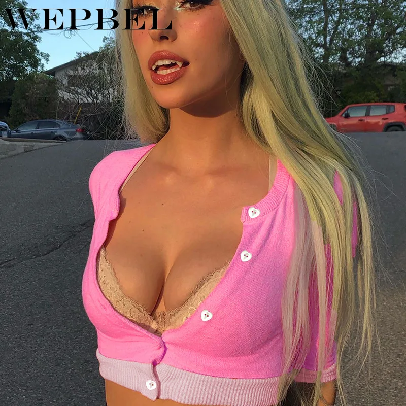 

WEPBEL Women Spring Autumn Elegant Skinny Stretchy Knitted Crop Top Shirt Ladies Sexy Long Sleeve Single Breasted Knitwear