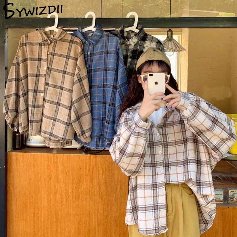 

SYWIZDII Plaid Shirts for Women Long Sleeve Vintage Blouses Collared Fall Clothes Loose Button Shirt Harajuku Plus Size Clothing