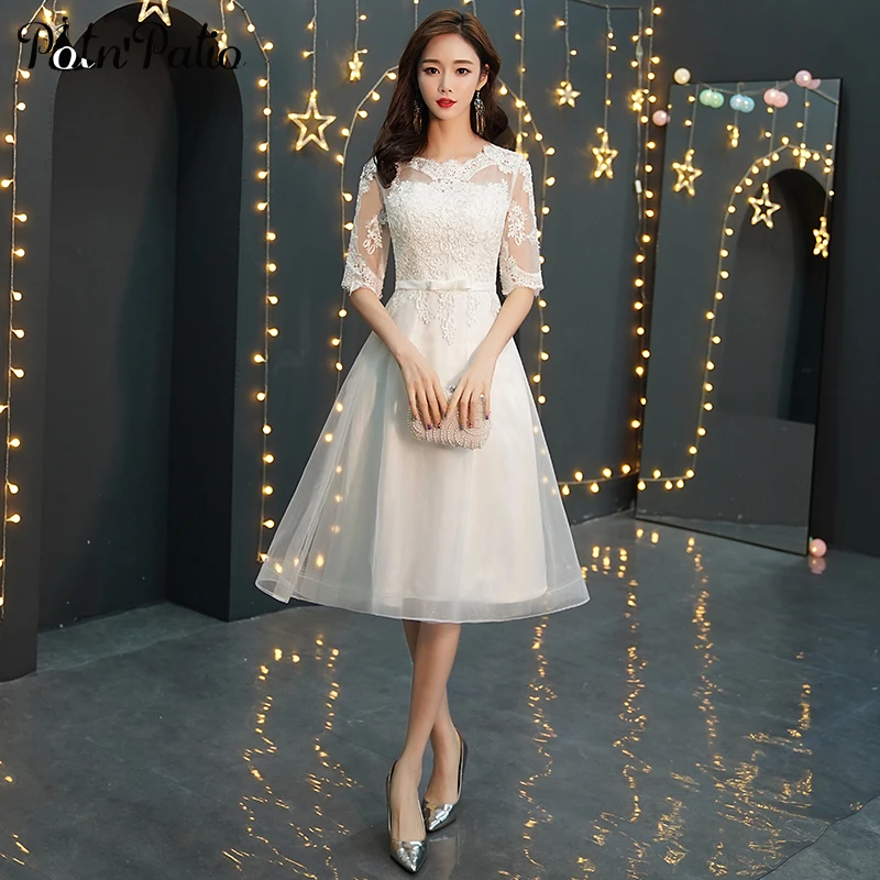 Белое короткое вечернее платье с рукавом до локтя Кружевная аппликация