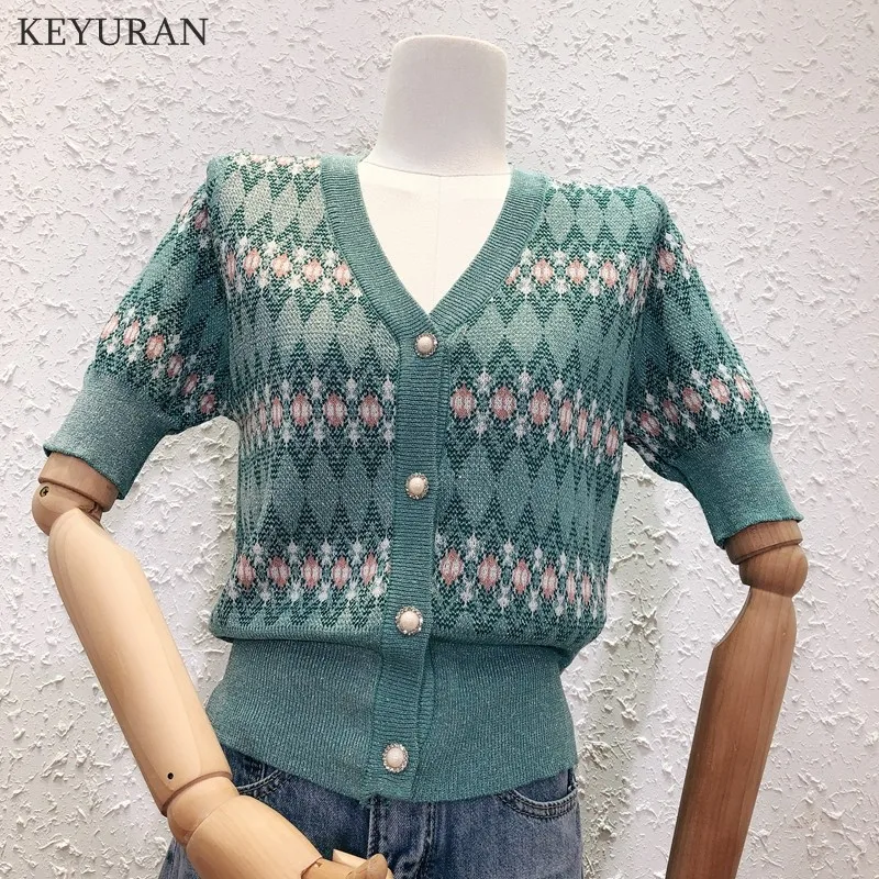 

Knitted Cardigan Women's Summer 2021 New Korean V-neck Argyle Short Sleeve Thin Knitted Sweater Cardigans Crop Tops Female