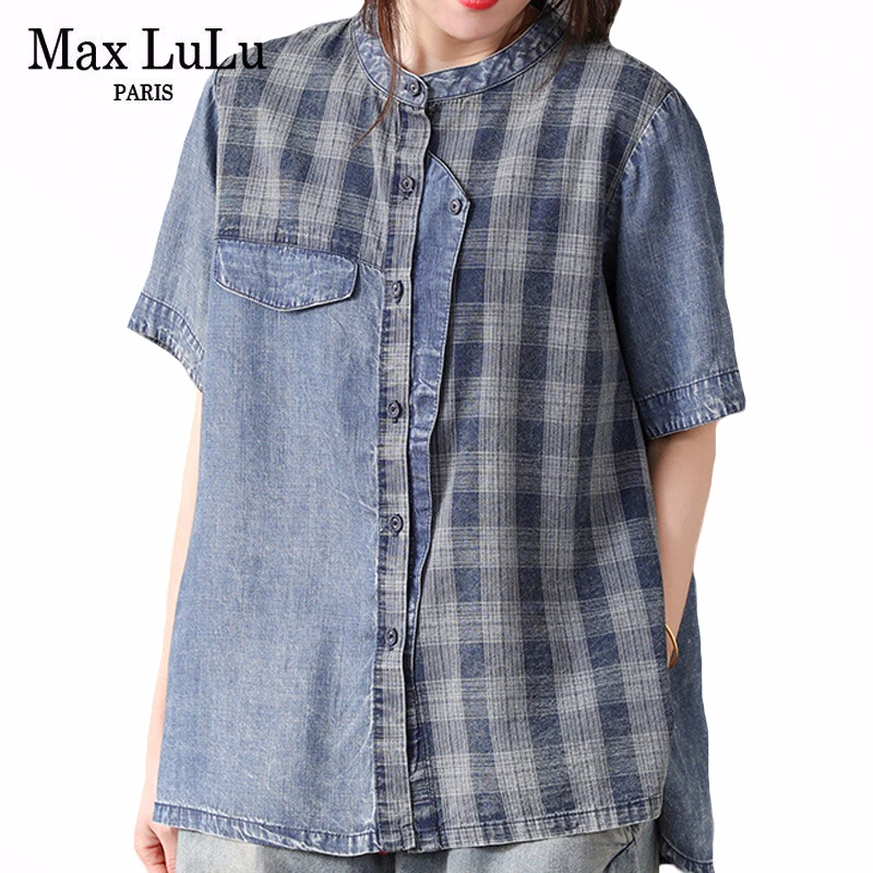 Женская ВИНТАЖНАЯ ДЖИНСОВАЯ РУБАШКА Max LuLu Повседневная шифоновая блузка в клетку