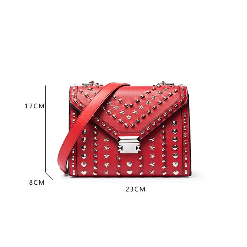 

Women Chain Single Crossbody Bag Luxury Rivets Red Envelope Bags Vintage Pu Leather Shoulder Handbag Fashion Flap Messenger Bag