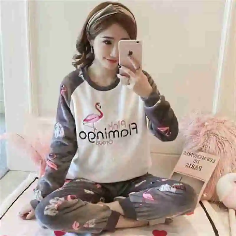 

Cute Women's Pajamas Flannel Lingerie Set Pijamas Cartoon Pyjama Womens Animal Warm Home Suit Velvet Nightwear Loungewear