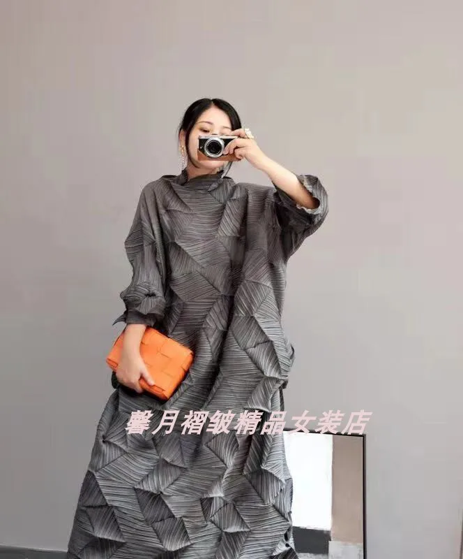 Горячая Miyake модное платье со складками со стразами, однотонное Свободное длинное платье со стоячим воротником