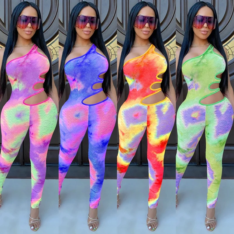 

Tie Dye Cut Out Side Sexy Jumpsuit Rompers Womens Sleeveless Bodycon