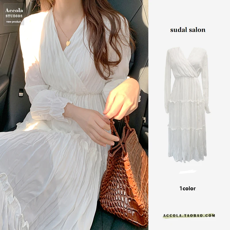 Осень 2020 элегантное приталенное белое платье в стиле ретро плиссированное