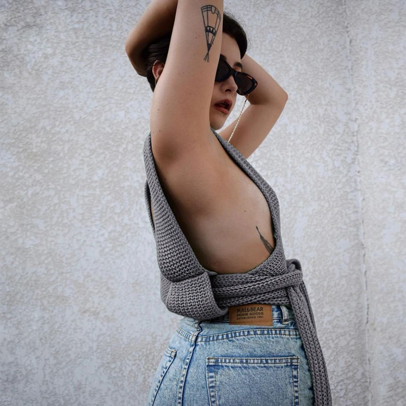 

Chic Bandage Knitted Crop Tops Sweaters Sleeveless Pullover Female Sweater Women Black White Chic Fashion Top Fall Winter Vest