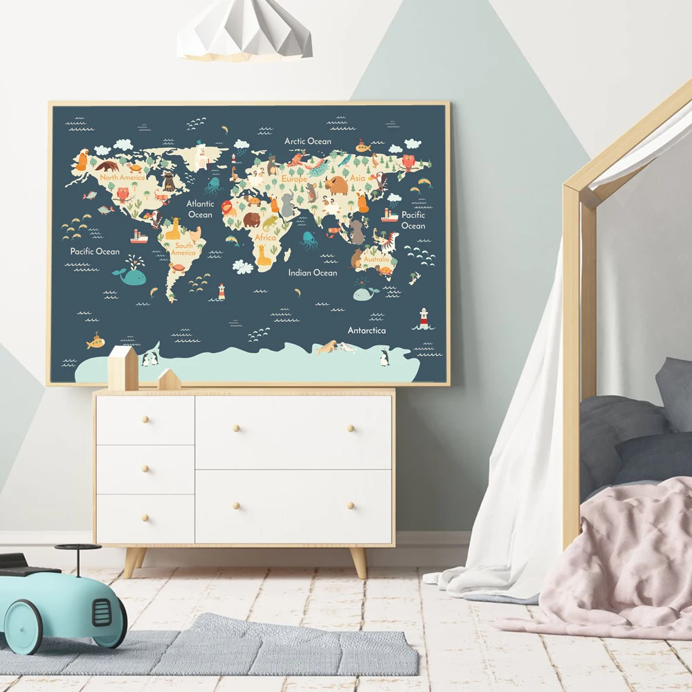 

Sea Life Continents Animal World Map Picture Children Poster Nursery Wall Art Canvas Print Painting Baby Kids Bedroom Decoration