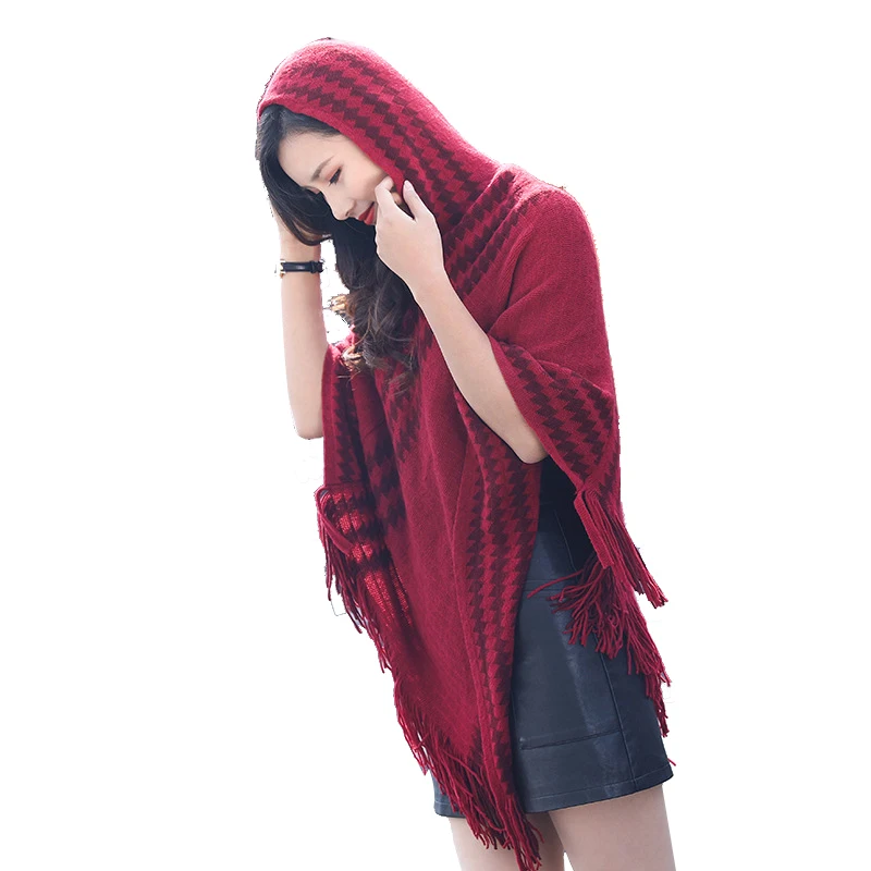 Этническая винтажная трикотажная шаль с капюшоном женский полосатый плащ