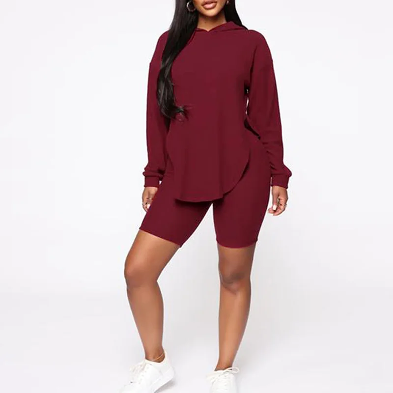 

Women Fashion Solid Color Top Side Split Hooded Sports Casual Two Piece Set Matching Set