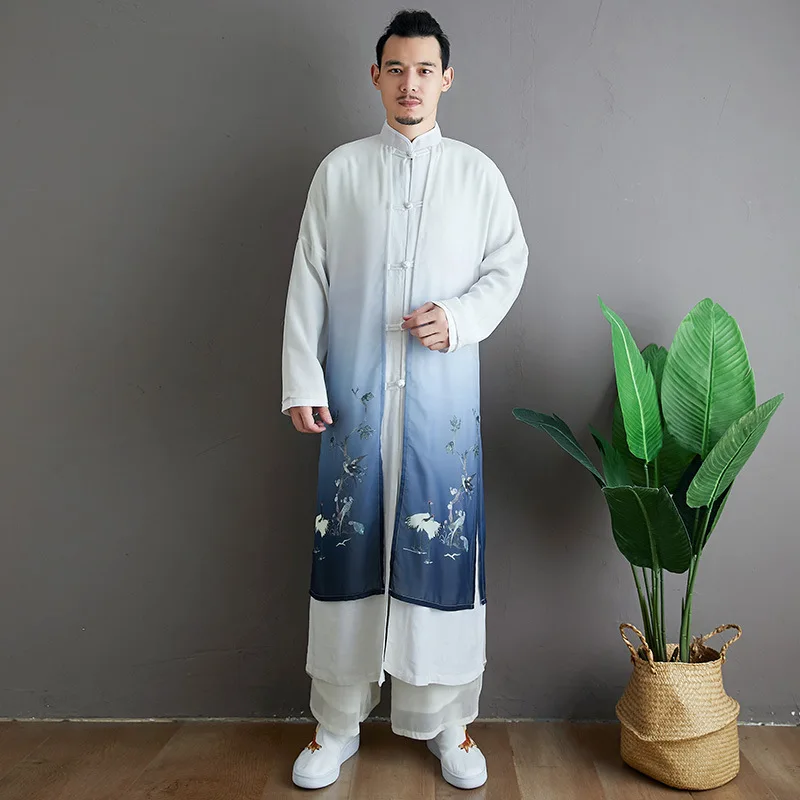 

Chinese Style Birds Mock TwoPiece Inner Washing Cotton Outer Chiffon Printed Men's clothing Kung Fu robes hanfu kung Fu Costumes
