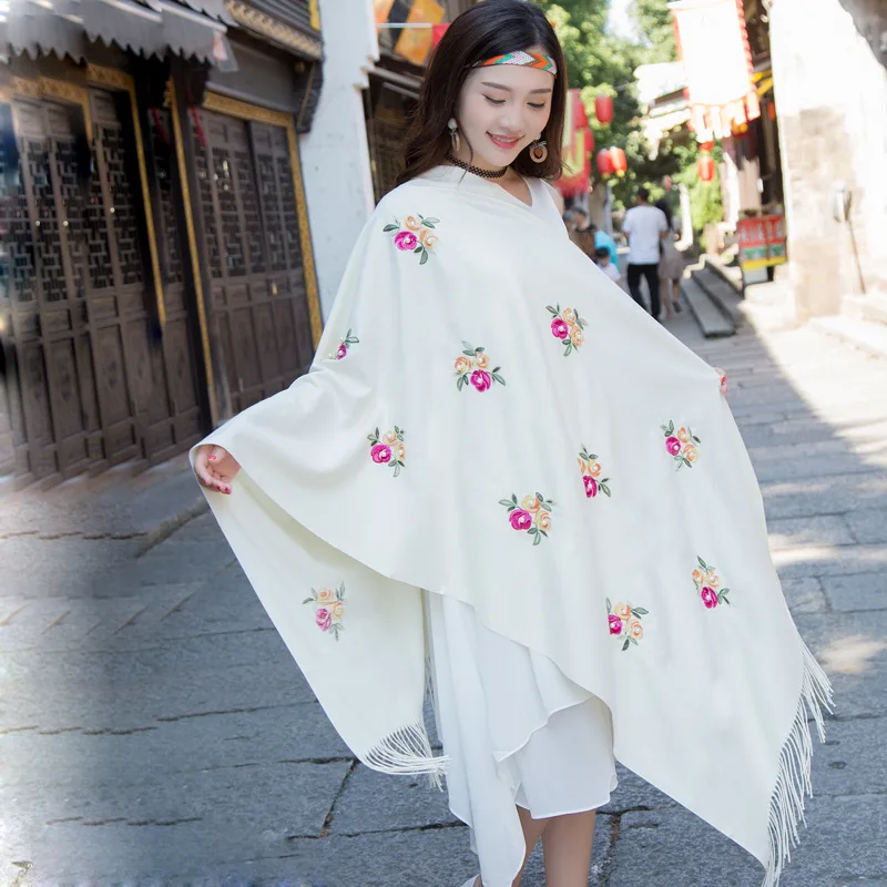 Шарф с кисточками и бусинами зимняя белая шаль вышитая Цветочная шарфы женские