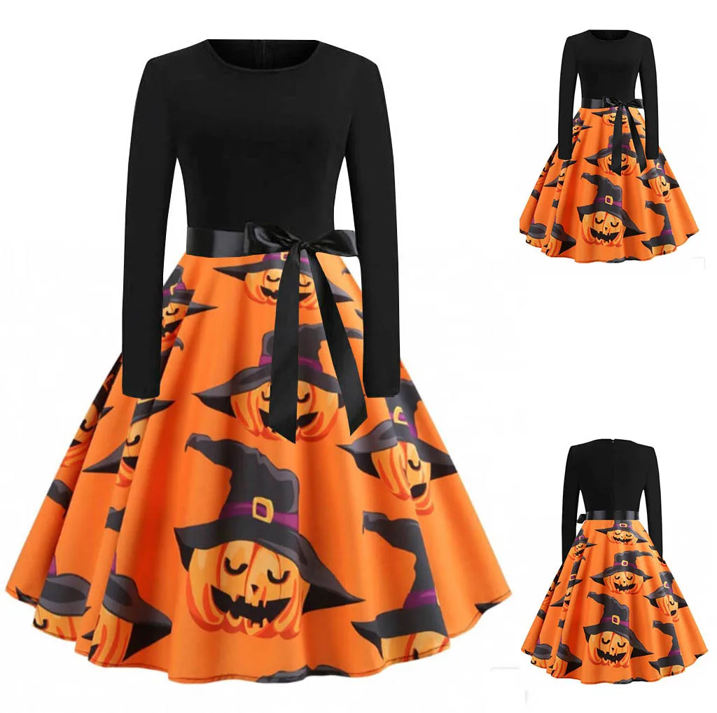 Зимнее платье женские платья праздничная одежда на Хэллоуин длинный рукав принт
