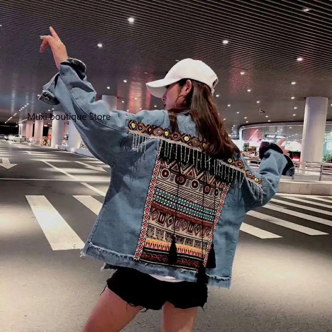 

Jean Jacket Women Fashion Chinese style jean women geometric pattern embroidery fashion long sleeve Jeans Jacket Women jean coat
