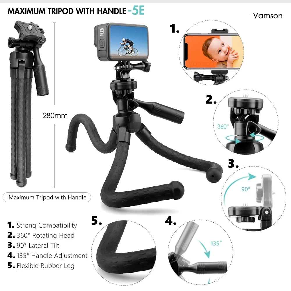 Vamson for GoPro 11 10 9 8 7 6 Aluminum Extendable Pole Selfie Stick Monopod Tripod Mount for GoPro Hero 11 for Insta360 for Yi images - 6