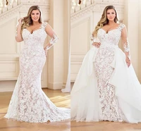 plus size mermaid wedding dresses with detachable train 2020 lace applique bridal with long sleeve vestidos de novia beach