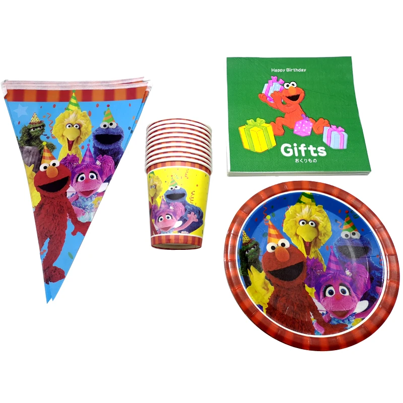 

80pcs/lot Baby Shower Decoration Sesame Street Plates Cups Boys Banner Tableware Set Happy Birthday Events Party Flags Napkins