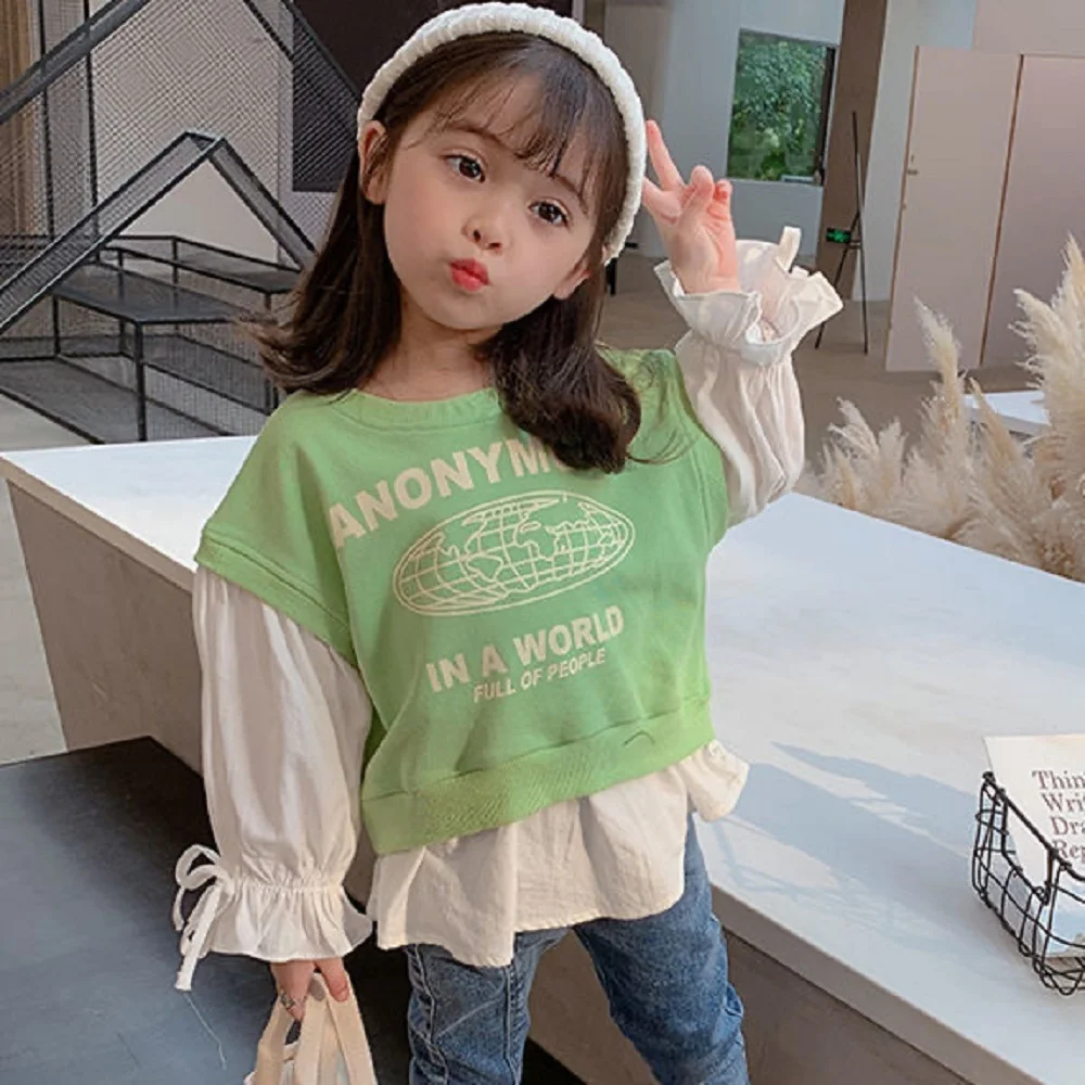 

Autumn Cotton Children Loose Long-sleeve Casual Sweatshirt Girls Patchwork Pullover Shirts Bottoming Tops Hooded