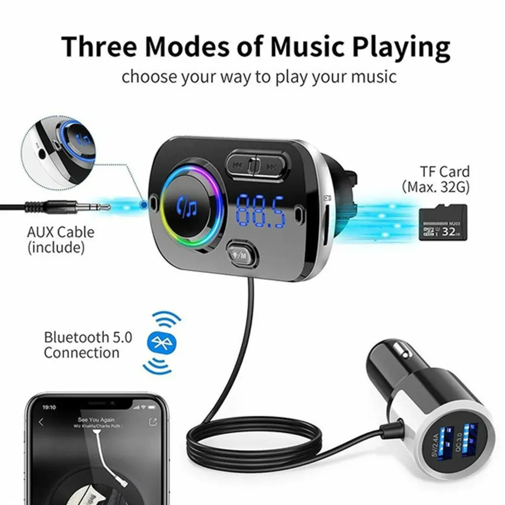 QC 3 0 Bluetooth 5 Универсальный fm-передатчик автомобильное зарядное устройство