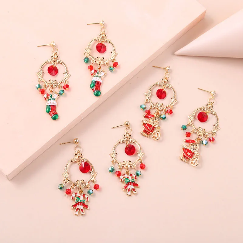 

New Fashion Christmas Dangle Earring For Women Christmas Cane Santa Claus Socks Wreath Drop Earring New Year Christmas Jewelry