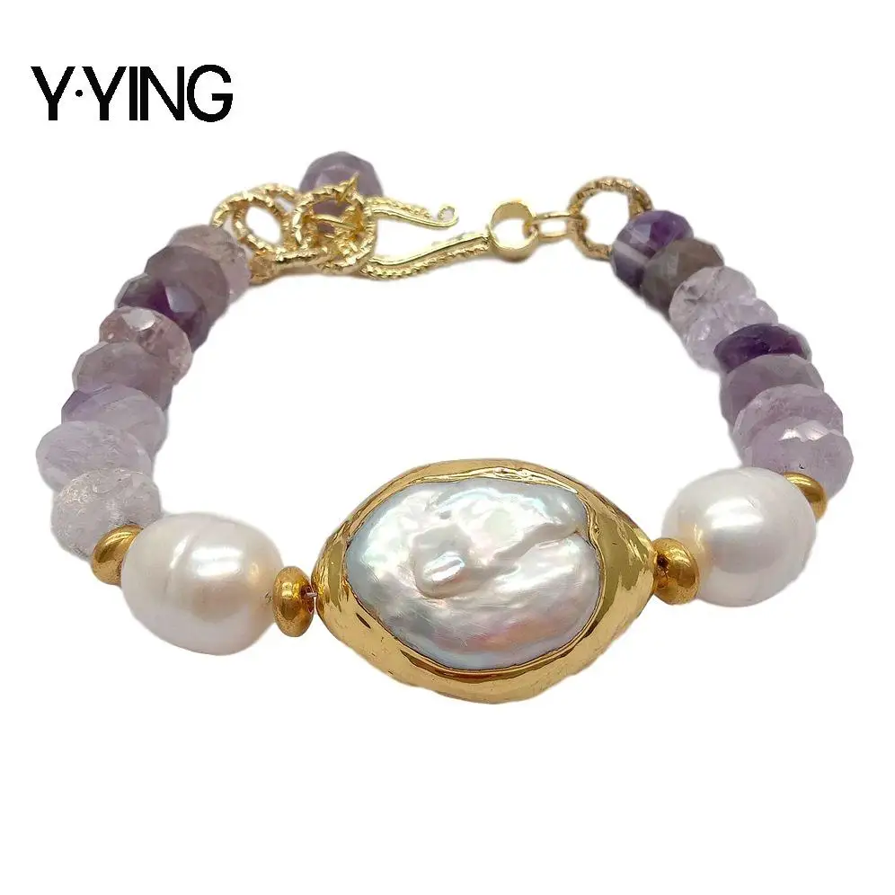 

Y·YING Natural Faceted Amethysts White Keshi Pearl Bracelet 20cm