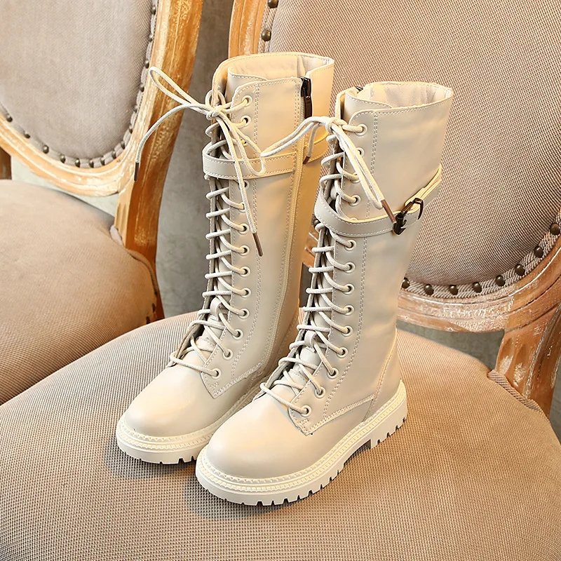 Модные сапоги в британском стиле для девочек сезон осень зима детские до колена