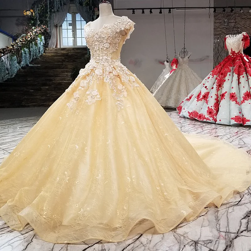 LS31045 3d цветы элегантный желтый вечер платье колпачок рукав v образным вырезом