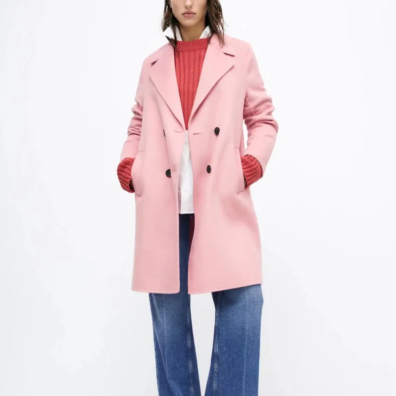 

Женское длинное двубортное пальто KUMSVAG, повседневное однотонное пальто из смешанной шерсти, верхняя одежда для офиса на осень 2021