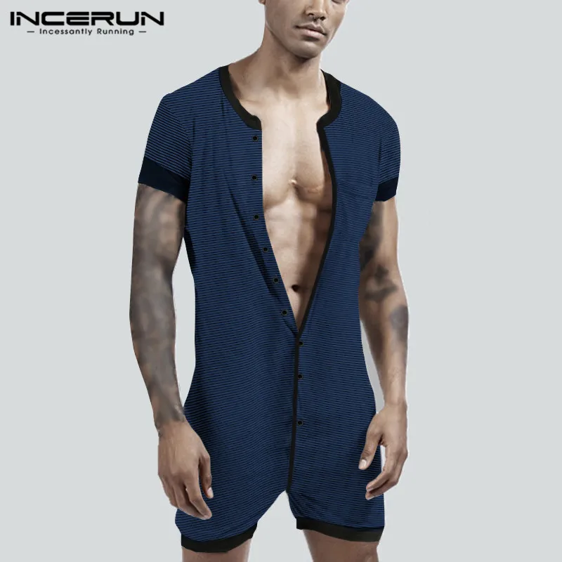

Striped Men Pajamas Rompers Homewear Short Sleeve O Neck Button Playsuits Comfy Leisure Men Nightwear Jumpsuits INCERUN S-5XL