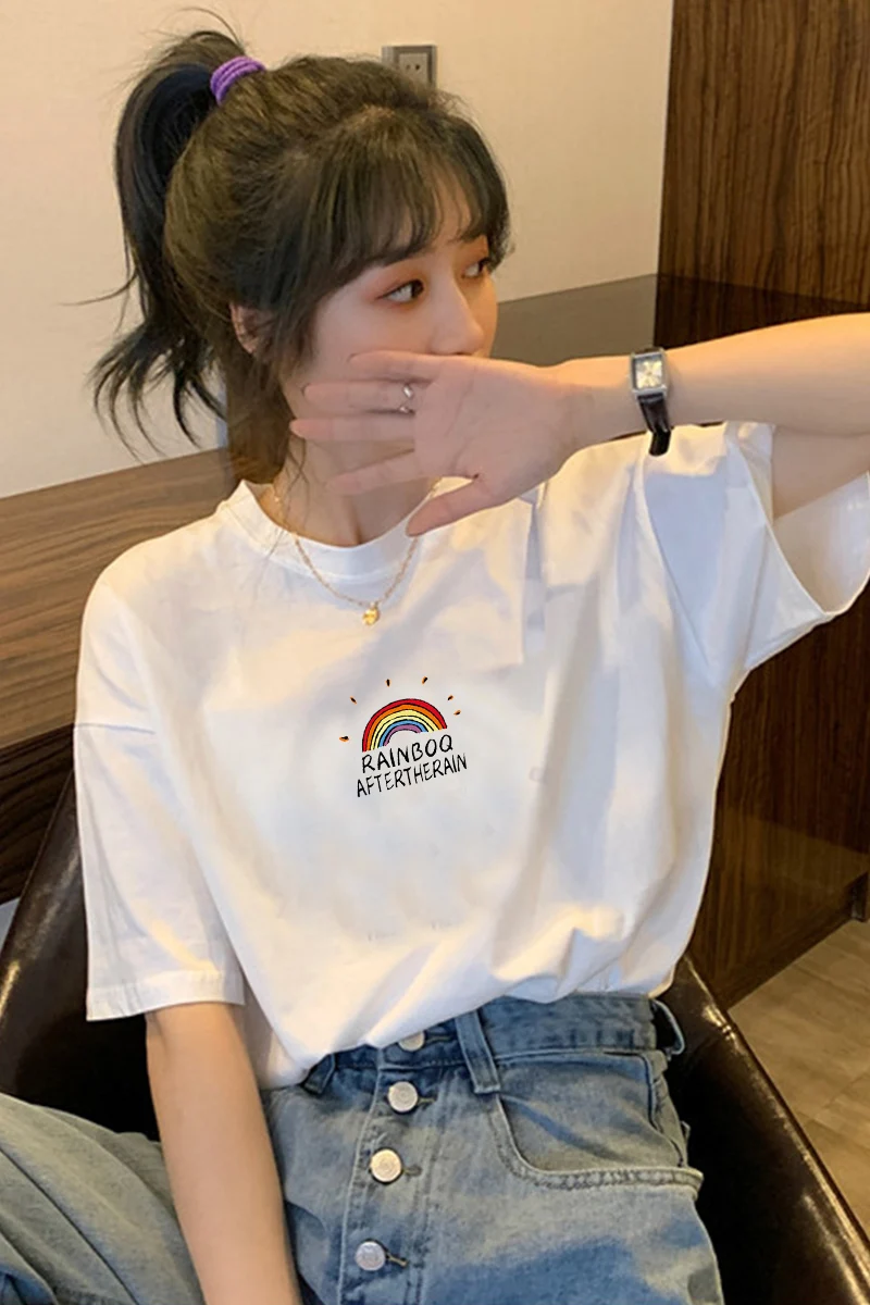 

T-shirt Tops Shirt rainbow cotton T-shirt summer of 2021 the new female round collar short sleeve white loose half sleeve blouse
