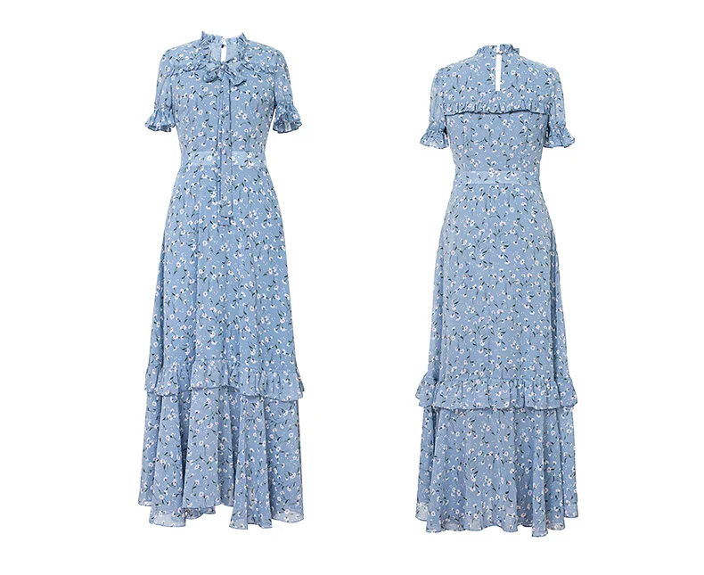 

2021 Summer New Arrival Top Quality Luxury Fashion Casual A Line Short Sleeve Floral Long Blue Chiffon Maxi Dress