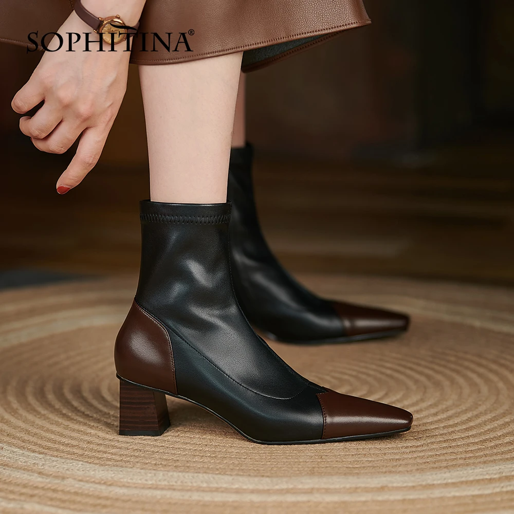 

SOPHITINA Ankle Boots Women Fashion Comfort Genuine Leather Zip Shoes Thick Heel Patchwork Work Commute Elegant Lady Boots FO825
