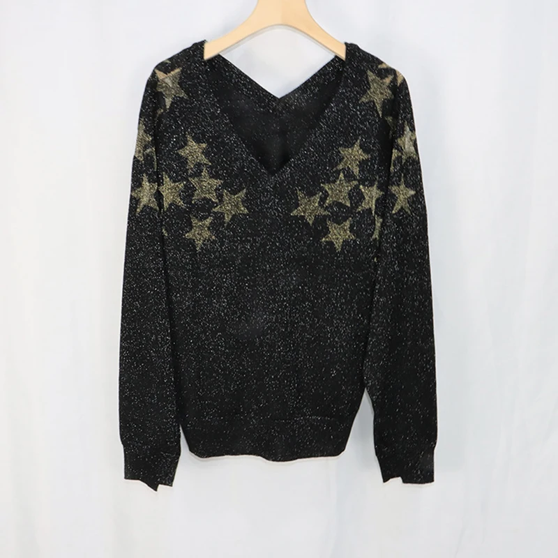 

Rowling Star Pattern Cashmere Cardigan Woman V Neck Long Sleeve Gold silver wire Decorate Pullovers Casual Vintage Sweaters Tops