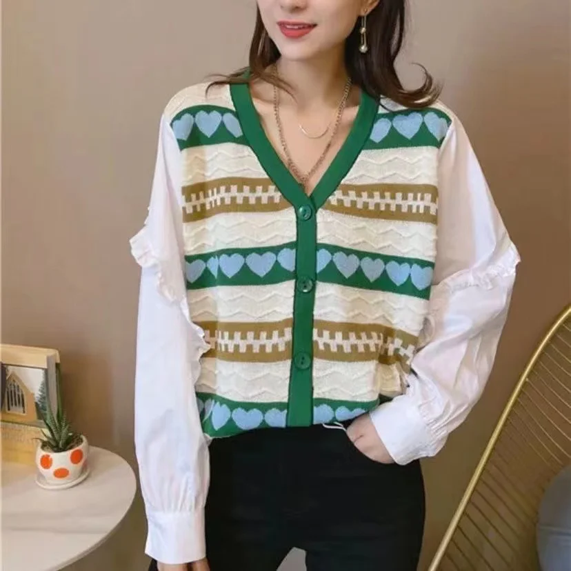 

Women Fashion Fake Two Pieces Patch Knitted Cardigan Sweater Ruffle Long Sleeve Women Korean Hit Color Love Heart Knit Sweater