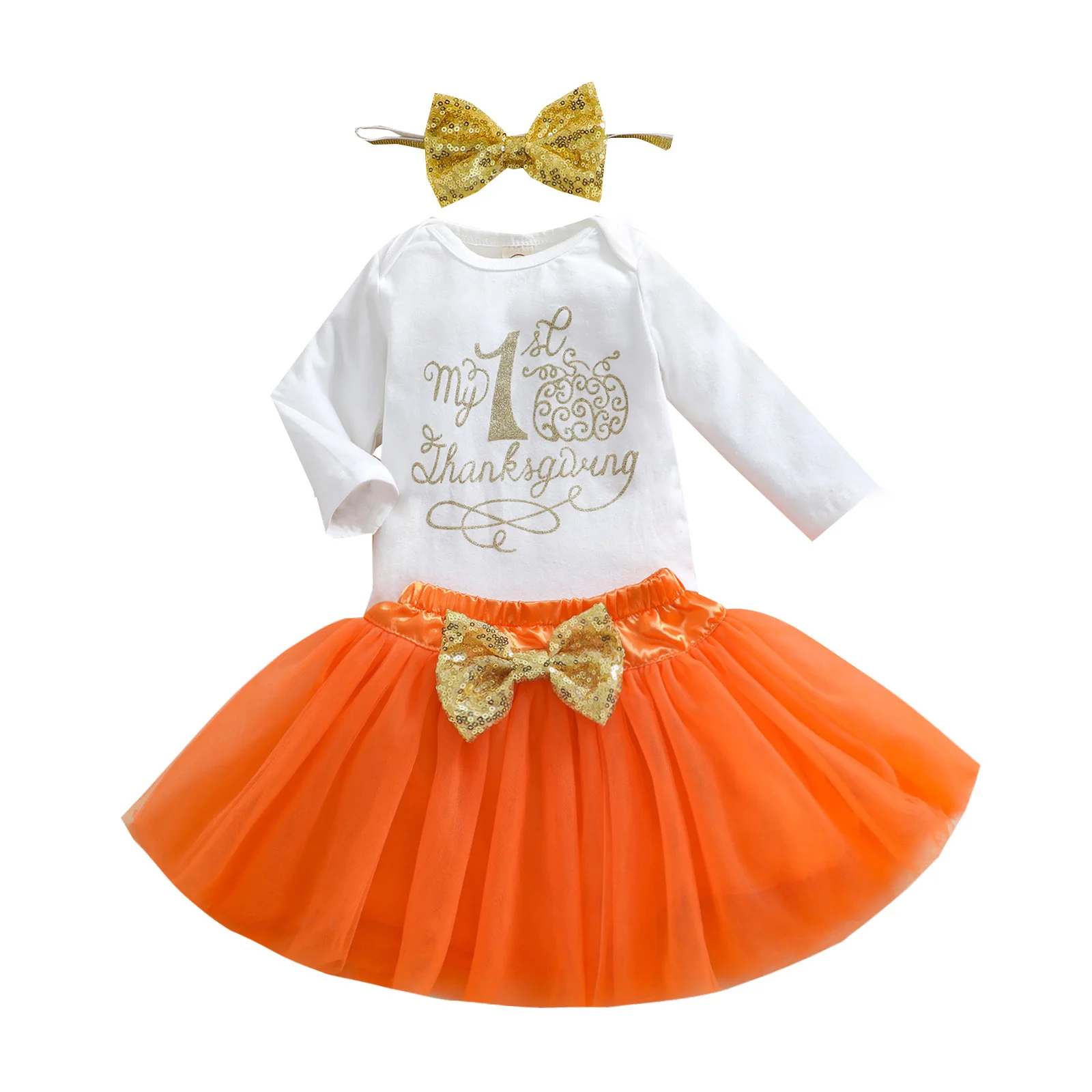 

2021 Baby Girls Clothes Set, Letter Print Long Sleeve O-neck Romper+Short Tulle Skirt+Bow-knot Headband For Newborn Baby Girl