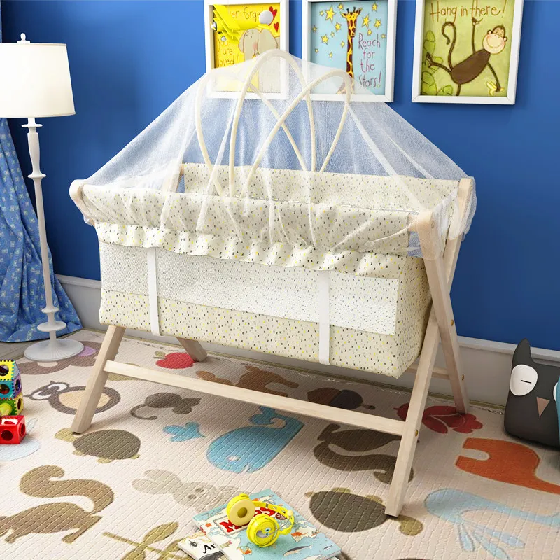 nature wood  baby crib baby cradle bed  small rocking bed multi-function children's bed mosquito net free gift easy fold