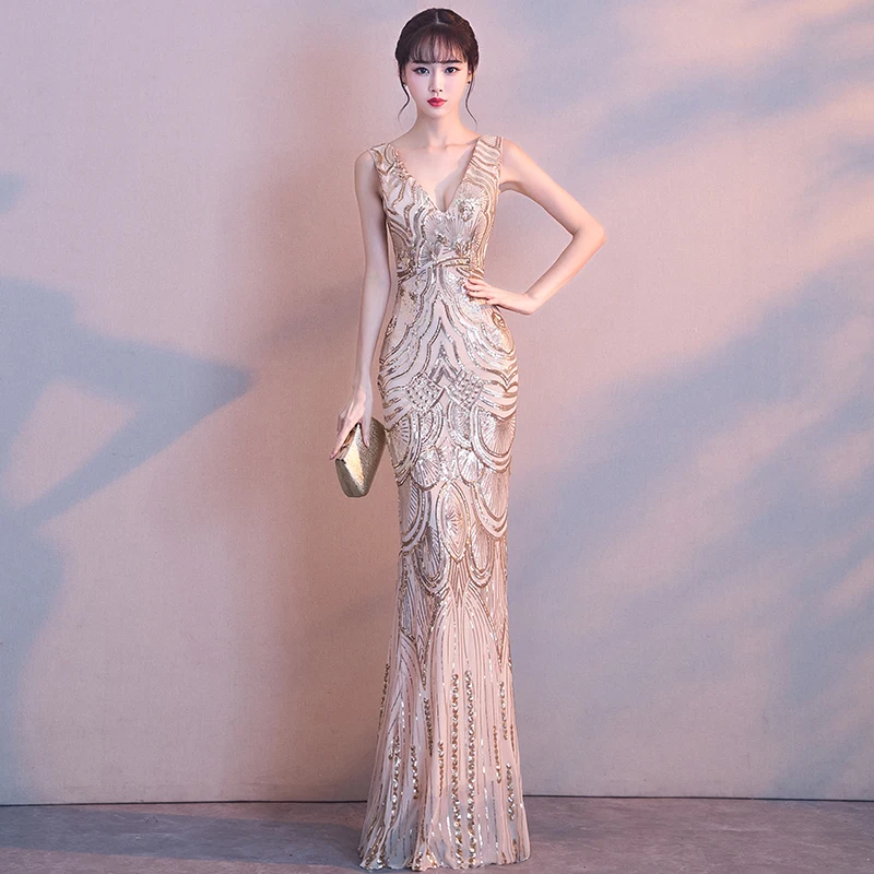 

modern qipao Sexy Gowns Exquisite Women Slim V-Neck Backless Bling Sequins Evening Dress Elegant Bridesmaid Wedding Qipao 2019