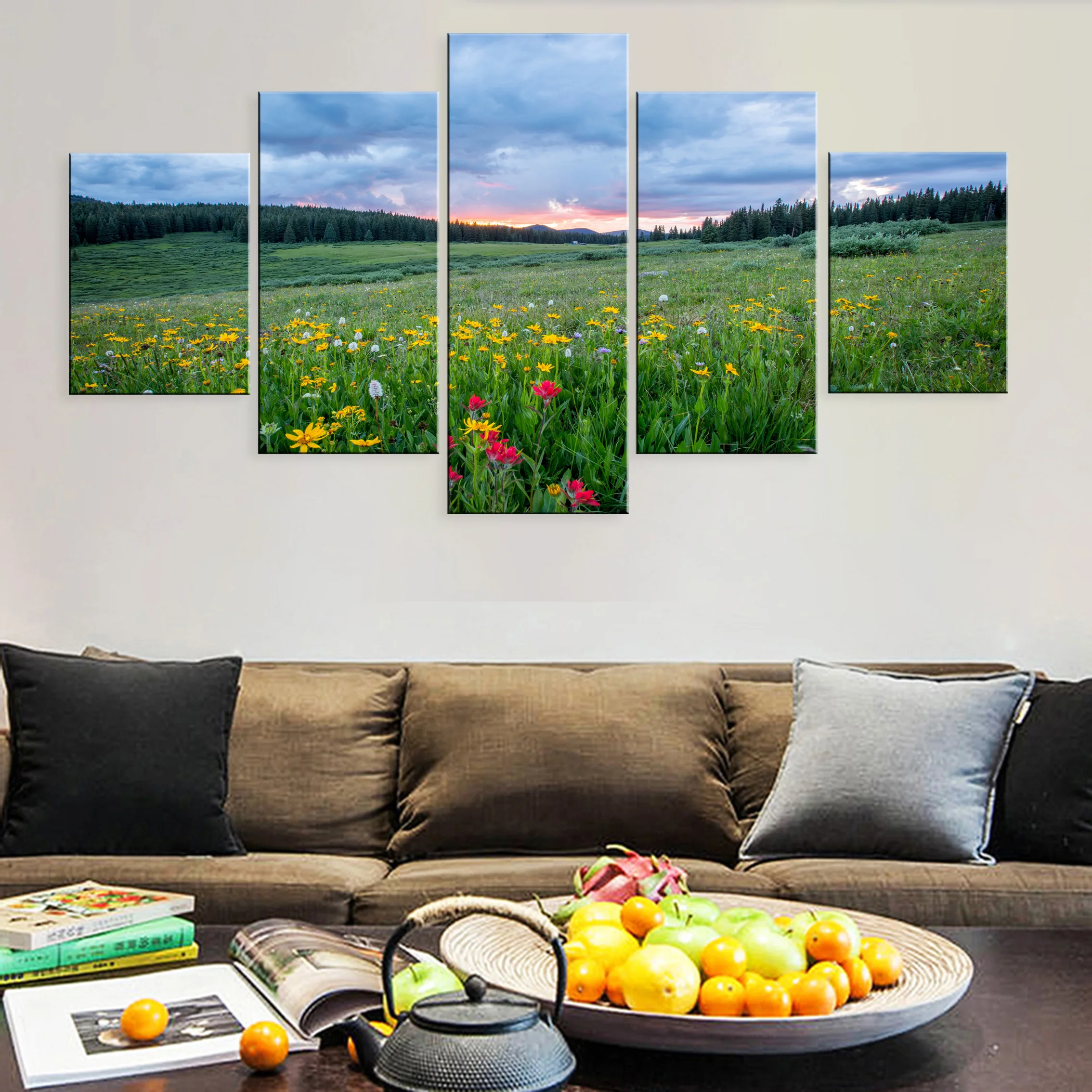 

Hd Printed Decoration Modern 5 Pieces Artwork Modular Poster Landscape Flower Canvas For Living Room Home Framework Grassland