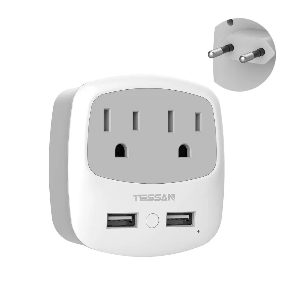 

TESSAN European Travel Plug Adaptor Power Strip With 2 USB Ports 2 American Outlets Portable Wall Socket Charger Adapter-Type C