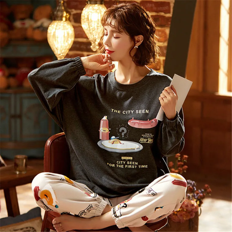 

Long-sleeved Cotton Student Cute Pajamas Fashion Cartoon Home Wear 2021 Spring New Products Women Pajamas Comfortable Sleepwear