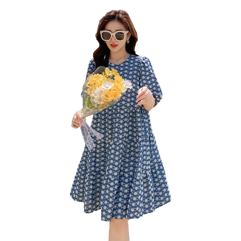 

2021 Summer Women's Plus Size Maternity Dress Round Neck Short Sleeve Print Loose Maternity Gown Pregnancy Dress