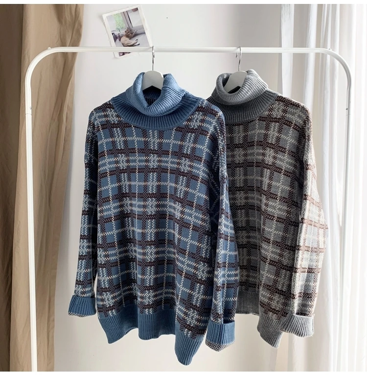 Winter Turtleneck Sweater Men's Warm Fashion Casual Retro Knit Pullover Men Streetwear Plaid Sweater Male Sweter Clothes