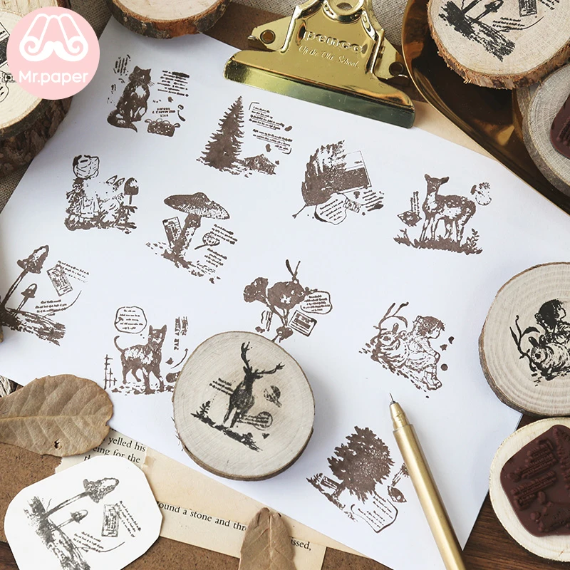 Mr Paper 25 designs Forest Animals Plants Growth Ring Wooden Rubber Stamps for Scrapbooking Decoration DIY Craft | Канцтовары для