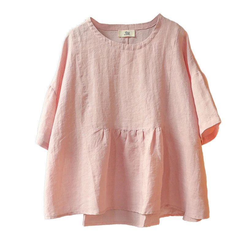 

2020 Summer New Arts Style Women Short Sleeve Loose T-shirt All-matched Casual Cotton Linen O-neck Tee Shirt Femme Tops M171