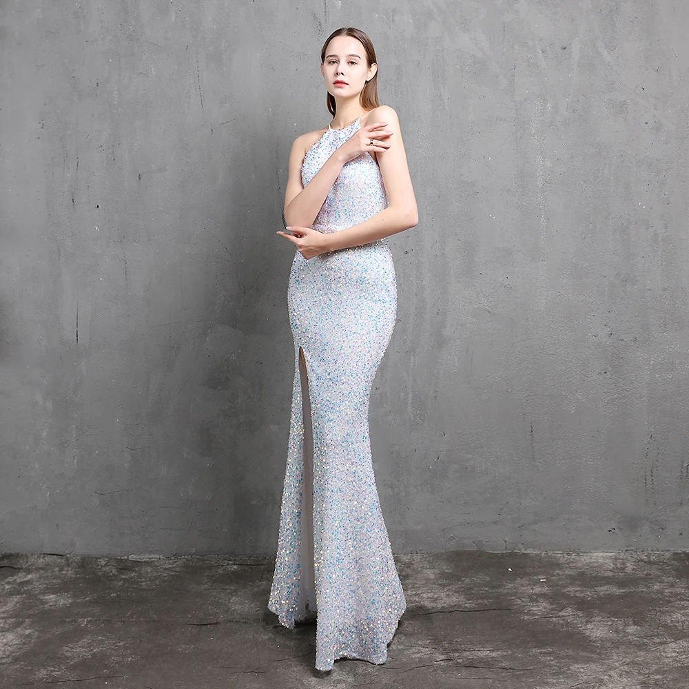 

Split Halter Sequined Mermaid Evening Dresses Formal Prom Pageant Wedding Party Robe Re Soirée Femme Robe De Soirée Se Mariage
