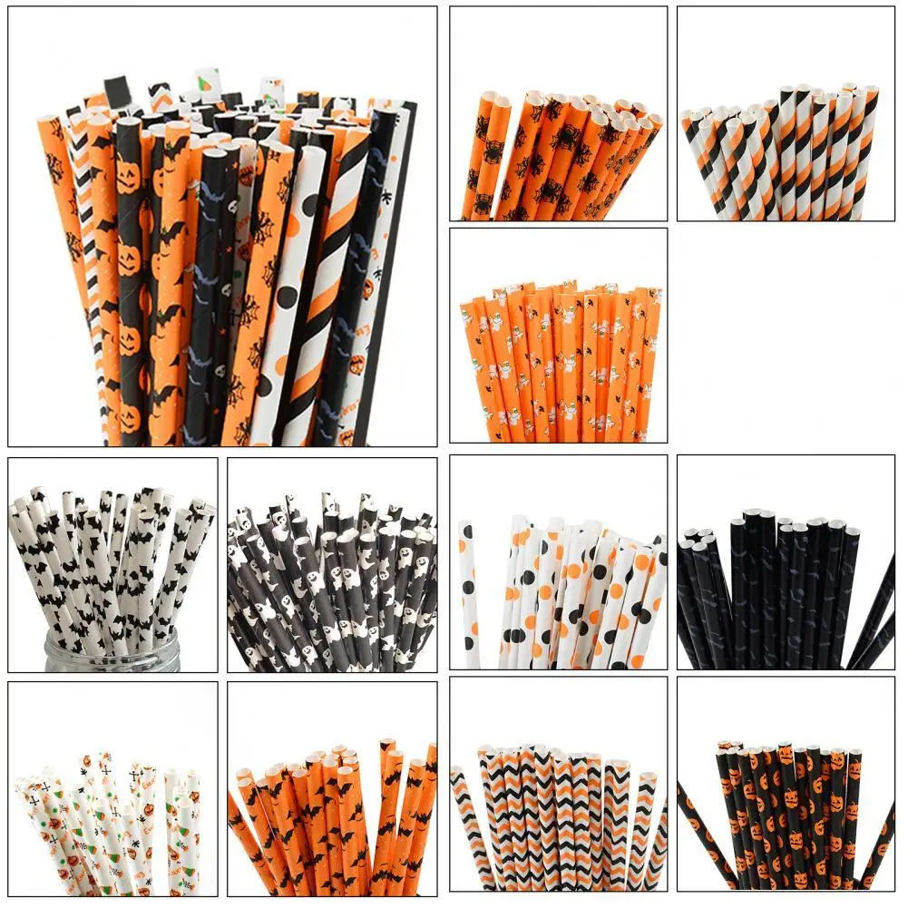 

50Pcs Halloween Disposable Party Straws Bat Skull Drinking Straws Holiday Bar Home Party Halloween Decoration Home Living