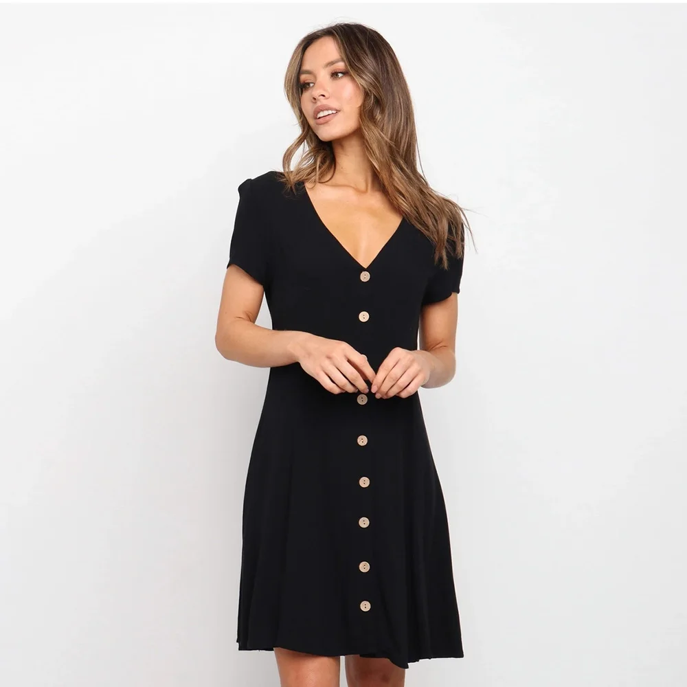 

Elegant Women V-neck Short Sleeve Single-breasted Black Mini Dress 2021 Summer New Casual Slim Solid Color Fashion Vestidos