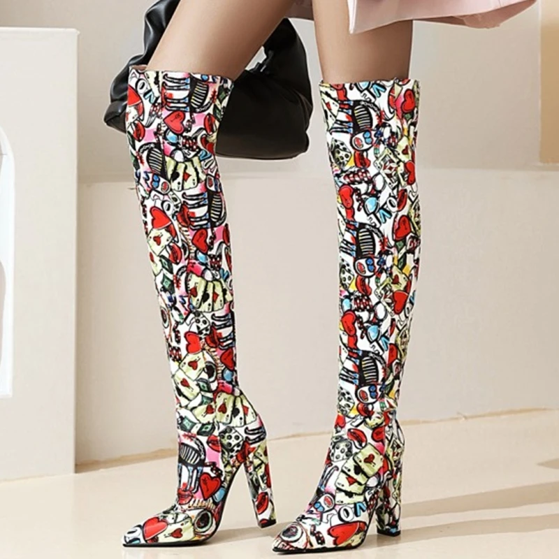 

Two-in-one Pointed Toe Mixed Color Over Knee High Chunky Heels Women Long Boots Slip-on Knee High Boots for Ladies Big Size 43